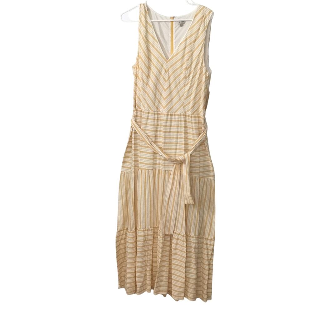 CREMIEUX Dress Tiered Maxi Sundress V Neck Linen Cotton Yellow Ivory Sz 14 - Picture 2 of 7